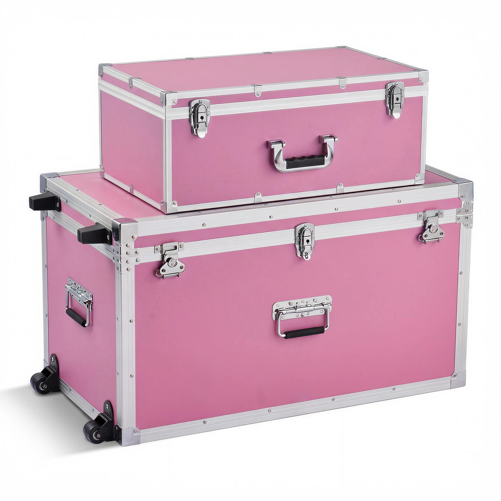 Uimoso Set of 2 Pink Metal Storage Trunks with Wooden Design and Padlocks