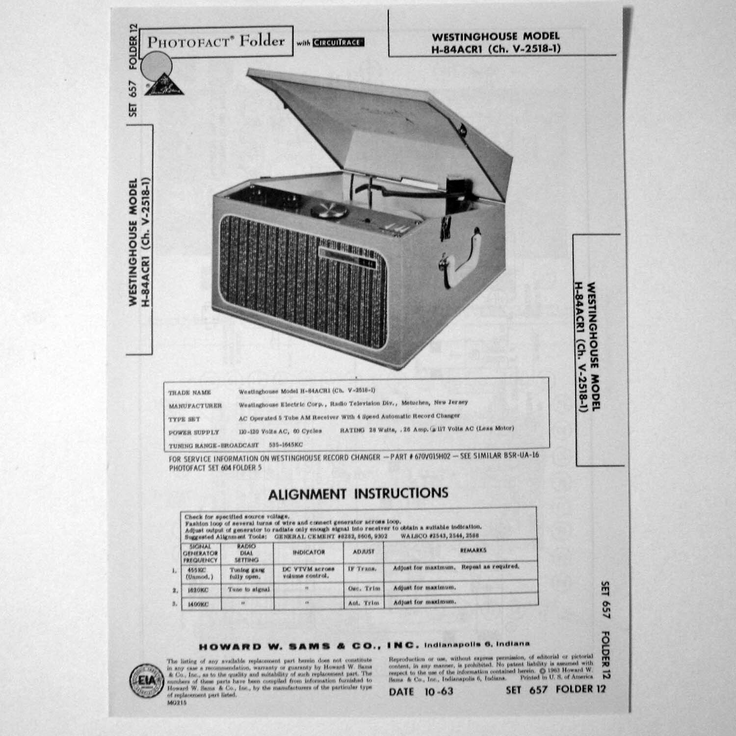 Westinghouse Model H-84ACR1 Portable Record Player SAMS Photofact ™ 1963 New
