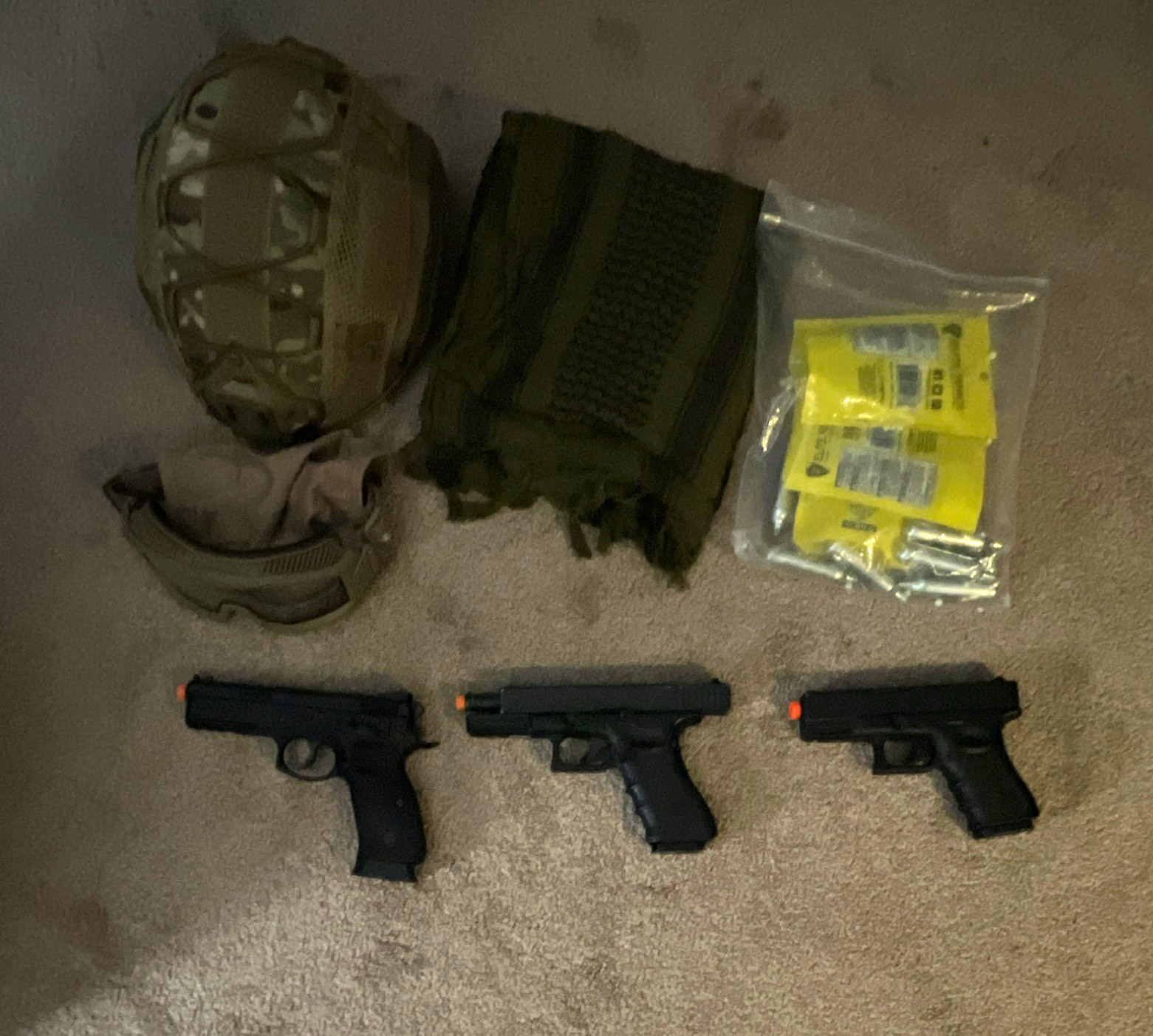 Glock Airsoft lot: 3 pistols w/ magazines, helmet, protective goggles, scarf