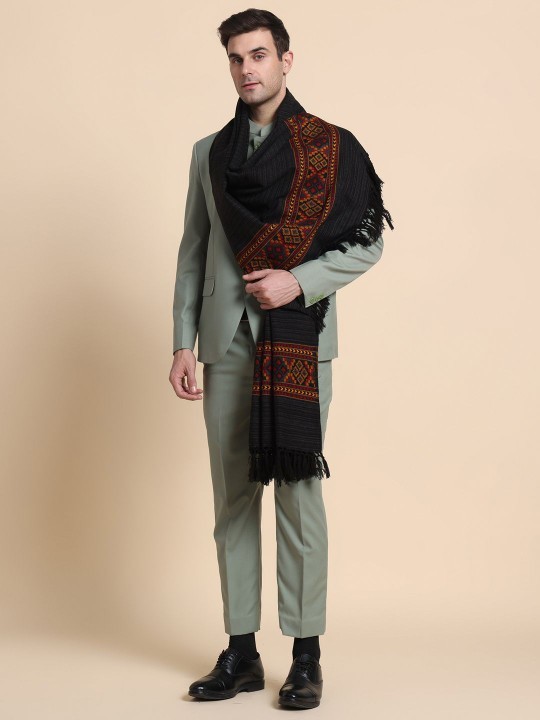 Men's Traditional Kullu Woolen Winter Shawl Stole with Tasseled border