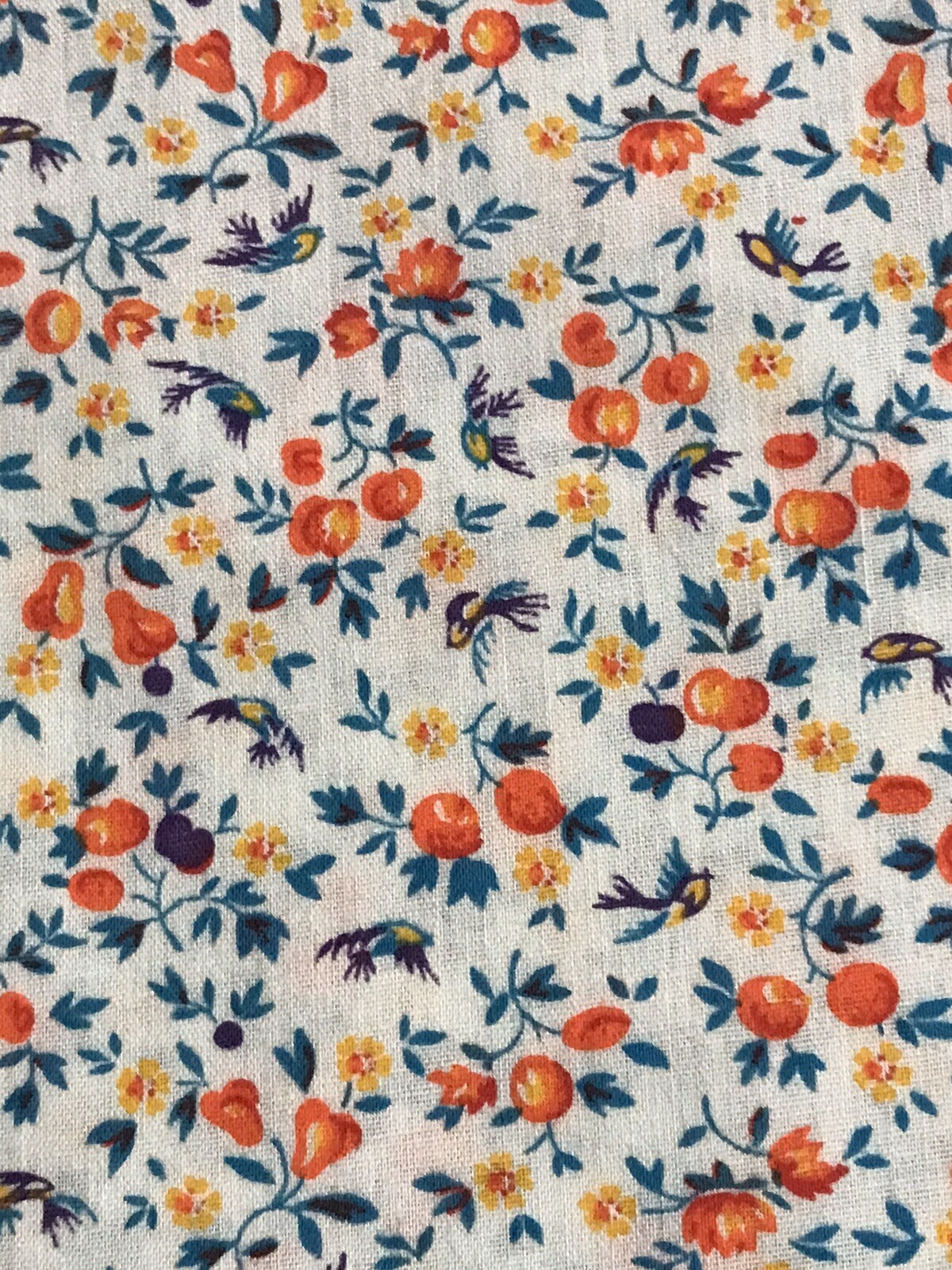 Fruit & Floral Print Orange Blue Cotton Cottage Core 2 Yds + 30” X 44 NEW