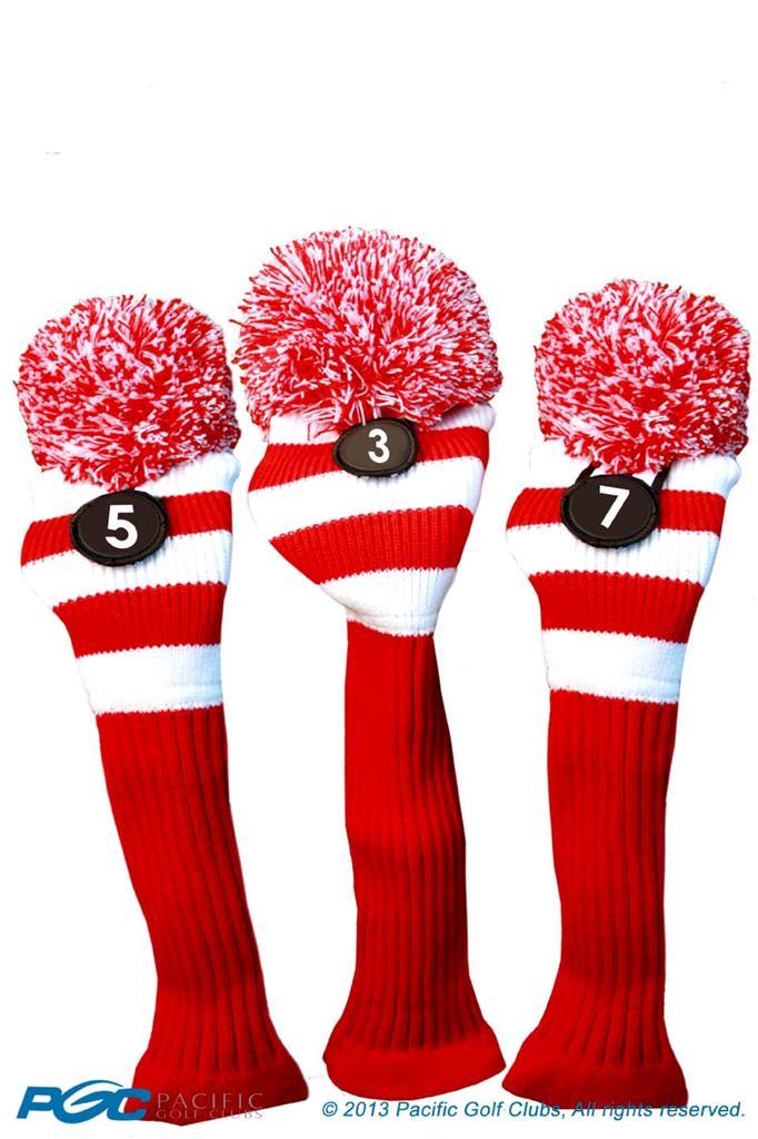 Tour #3, #5, #7 Fairway Metal Wood Red White Golf Headcover Knit Pom Pom Cover