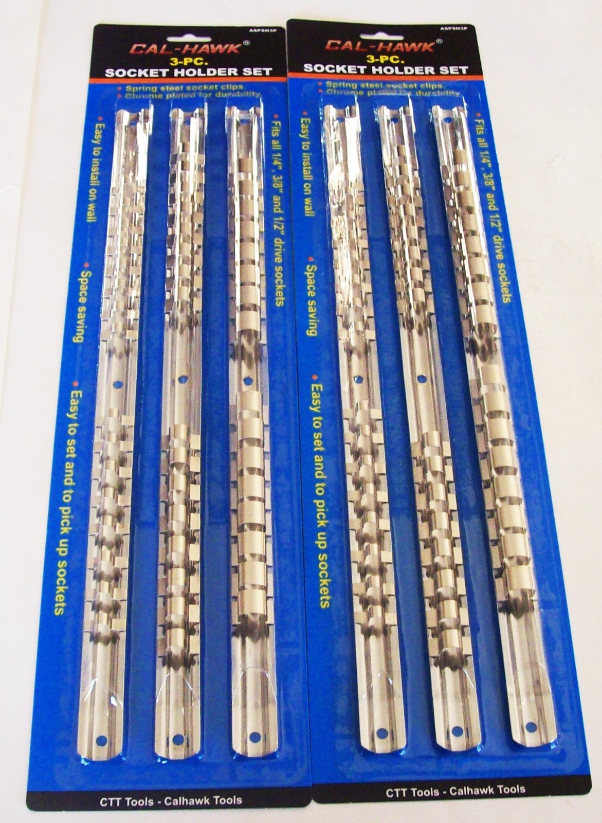6 CAL-HAWK SOCKET RACK RAILS ORGANIZER HOLDERS 1/4" 3/8" 1/2" 16 CLIPS PER RAIL