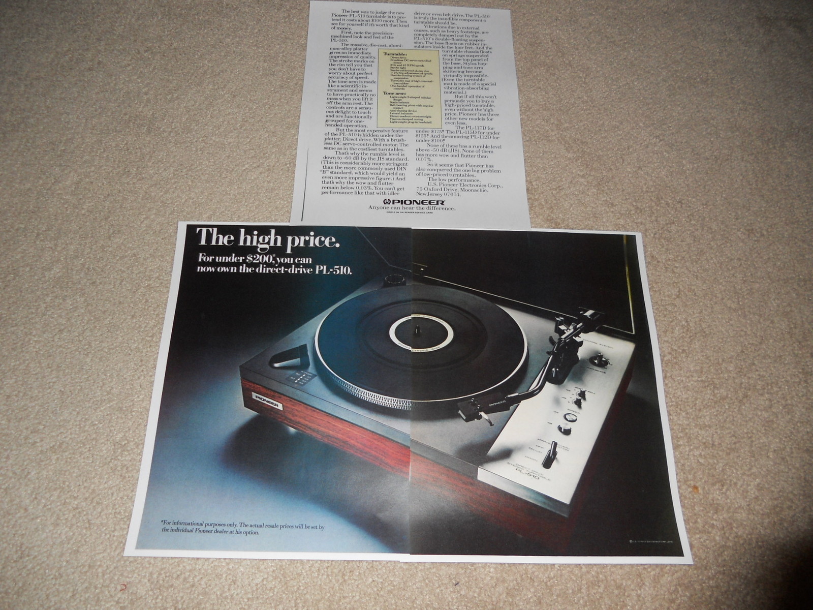 Pioneer PL-510 Turntable Ad, 1976, 3 pg, Beautiful Ad, Info, Frame it!