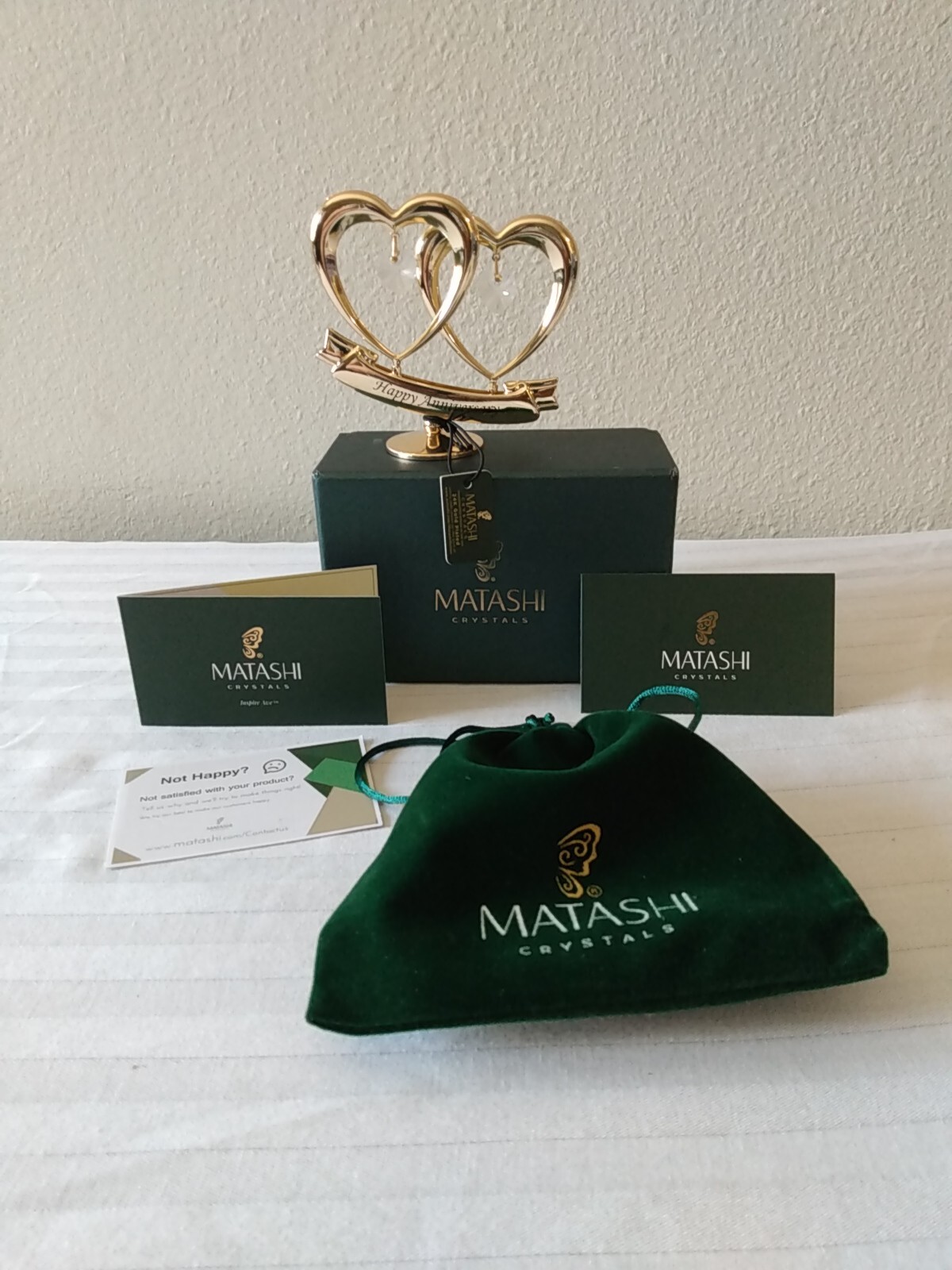 Matashi Crystals Happy Anniversary Double Hearts 24kt Gold Plated