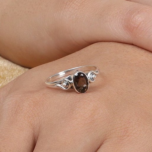 Solid 925Sterling Silver Natural Smoky Quartz Oval Brown Gemstone Boho Band Ring