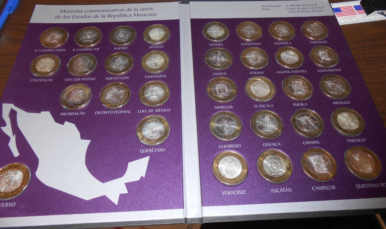 33 MEXICAN 100 PESO COMMEMORATIVE METALS - UNION OF STATES - COIN COLLECTION
