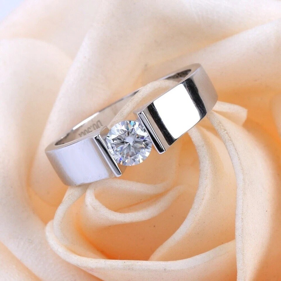 1.50CT Round-Cut Moissanite Tension Set Engagement Ring 14K White Gold Plated