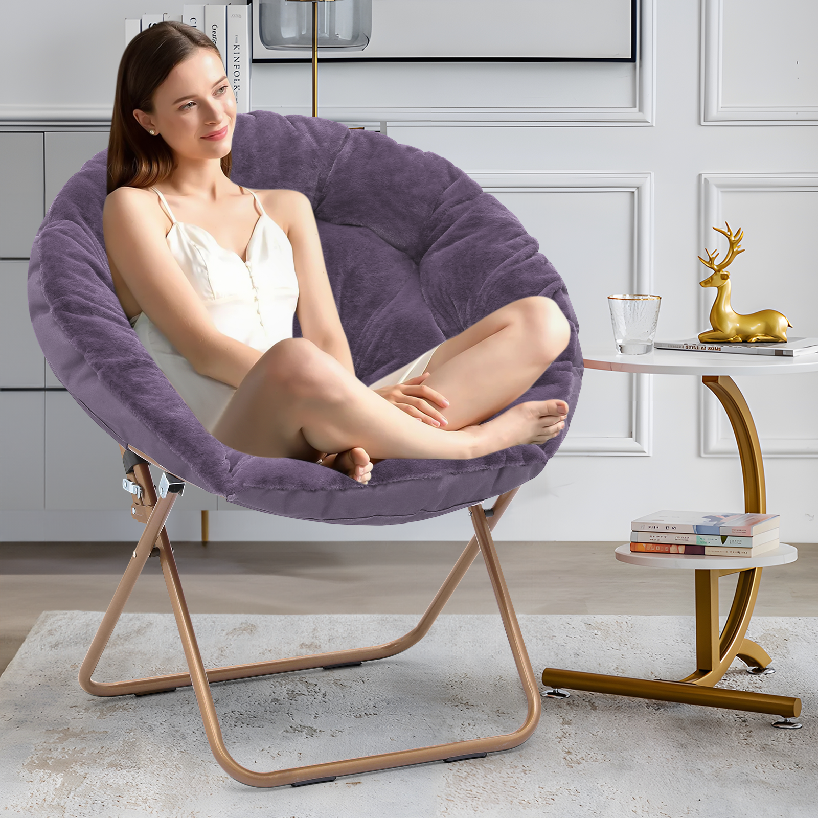 Purple Folding Faux Fur Saucer Accent Chair Padded Seat Moon Chair w/Metal Frame