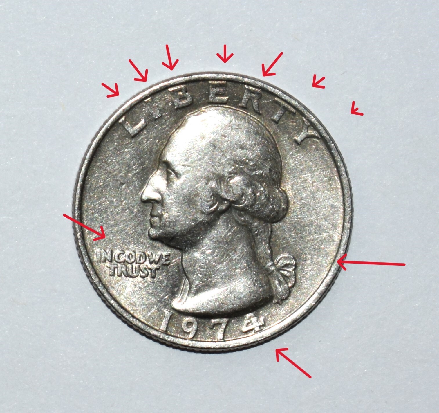 1974 Quarter Error No Mint Mark Missing Claw/Foot, Weak Strike, Missing I's DD +