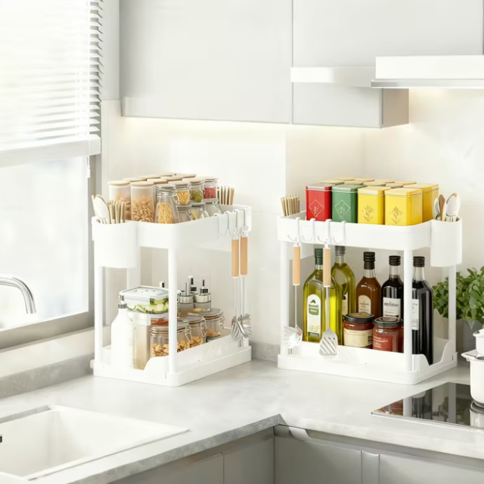 2Pcs White 2-Tier Pull Out Storage Shelf Kitchen Bathroom Counter Organizer