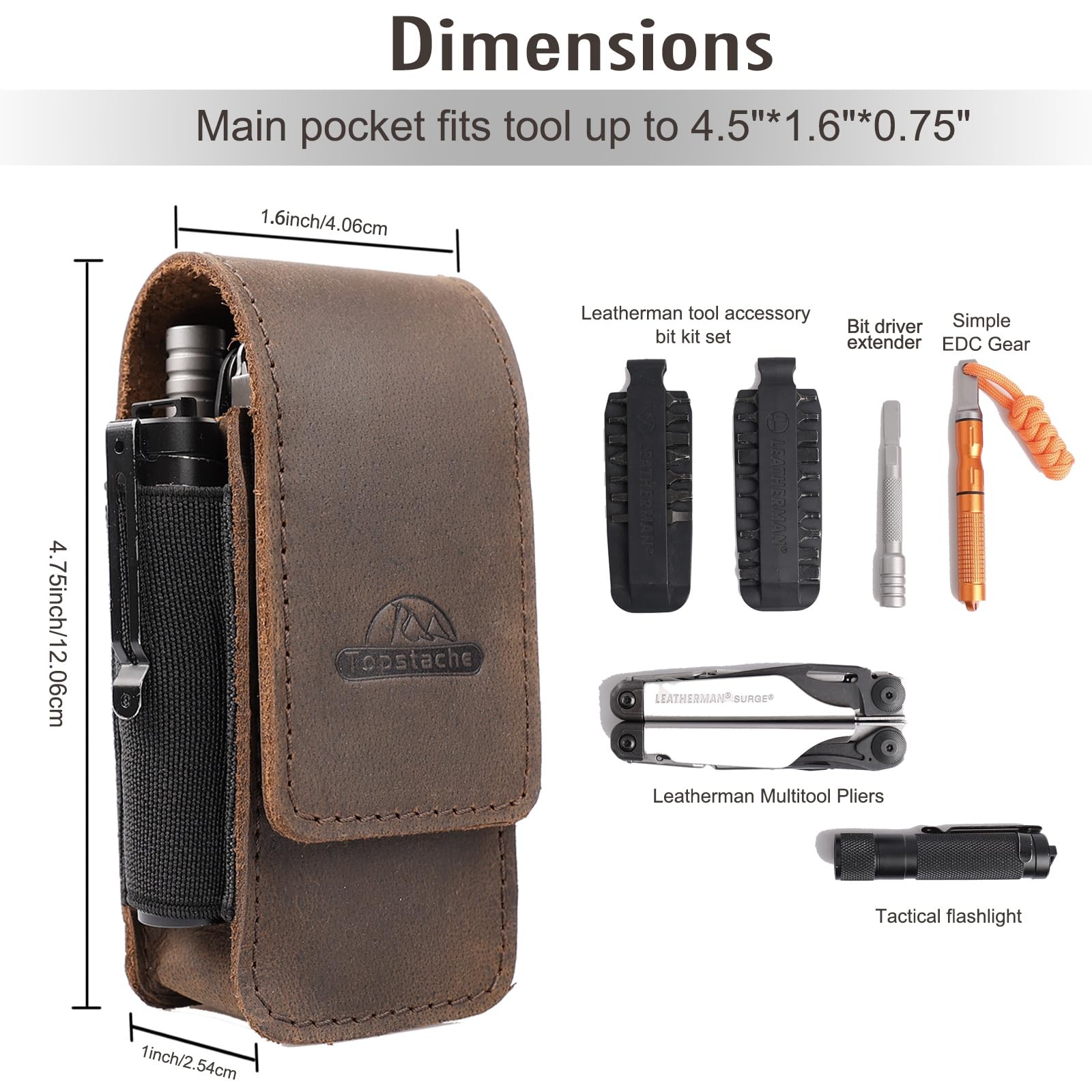 Topstache Leather Multitool Sheath for Belt - Large, Darkbrown