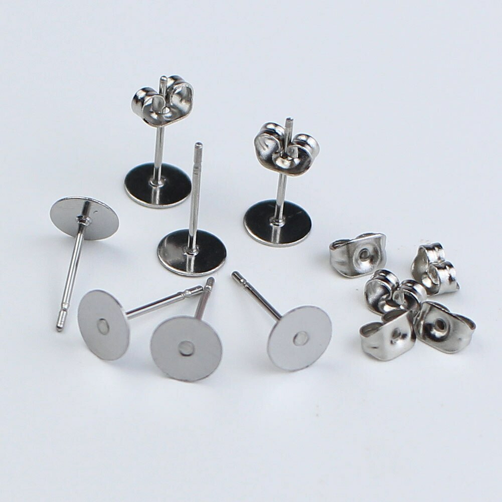 100pcs Stainless Steel Blank Pad Flat Earring Post Studs Base Pins with Ear Back