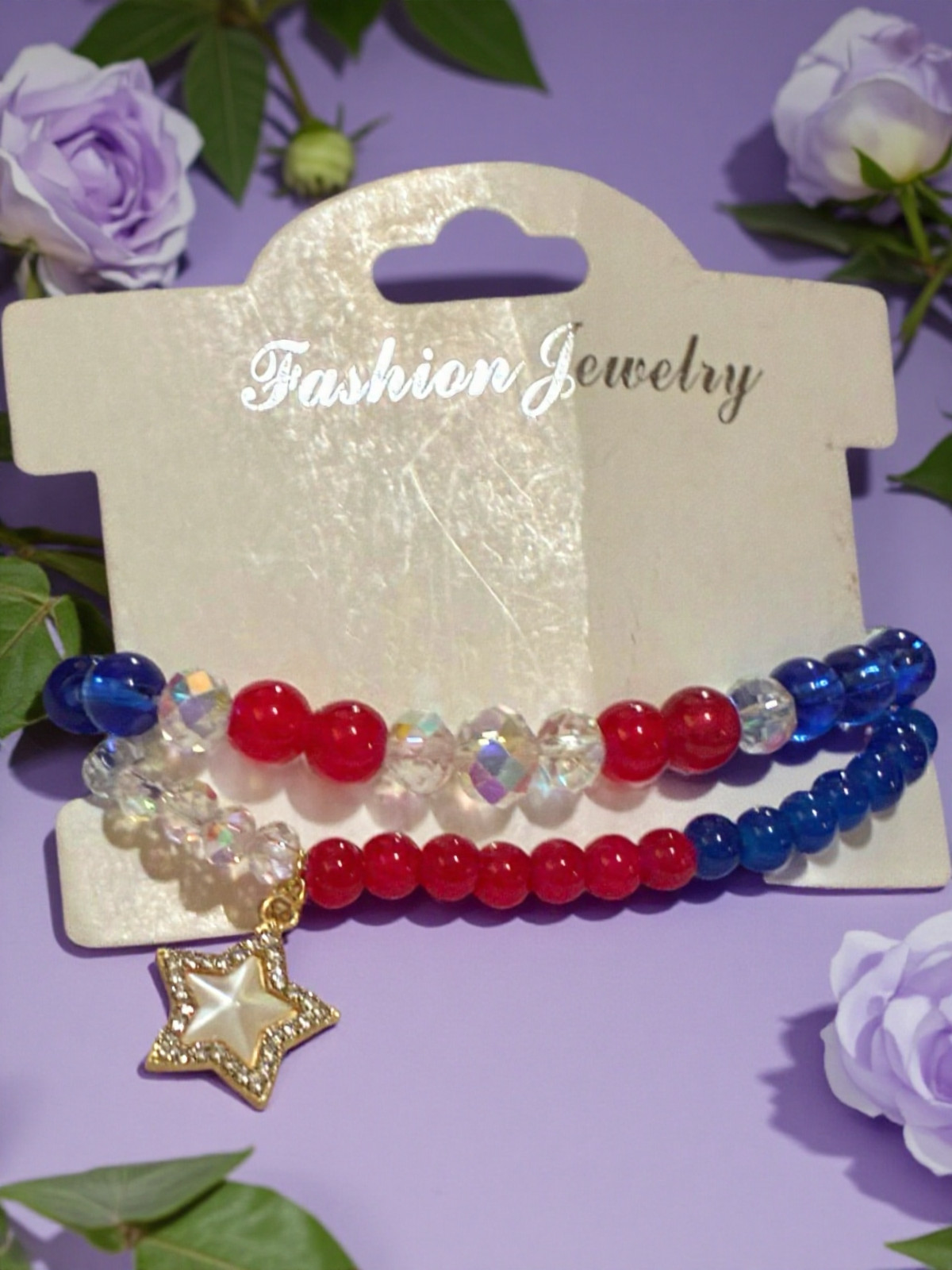 Handmade Crystal Glass Bracelet Duo – Iridescent White with Red & Blue Beads
