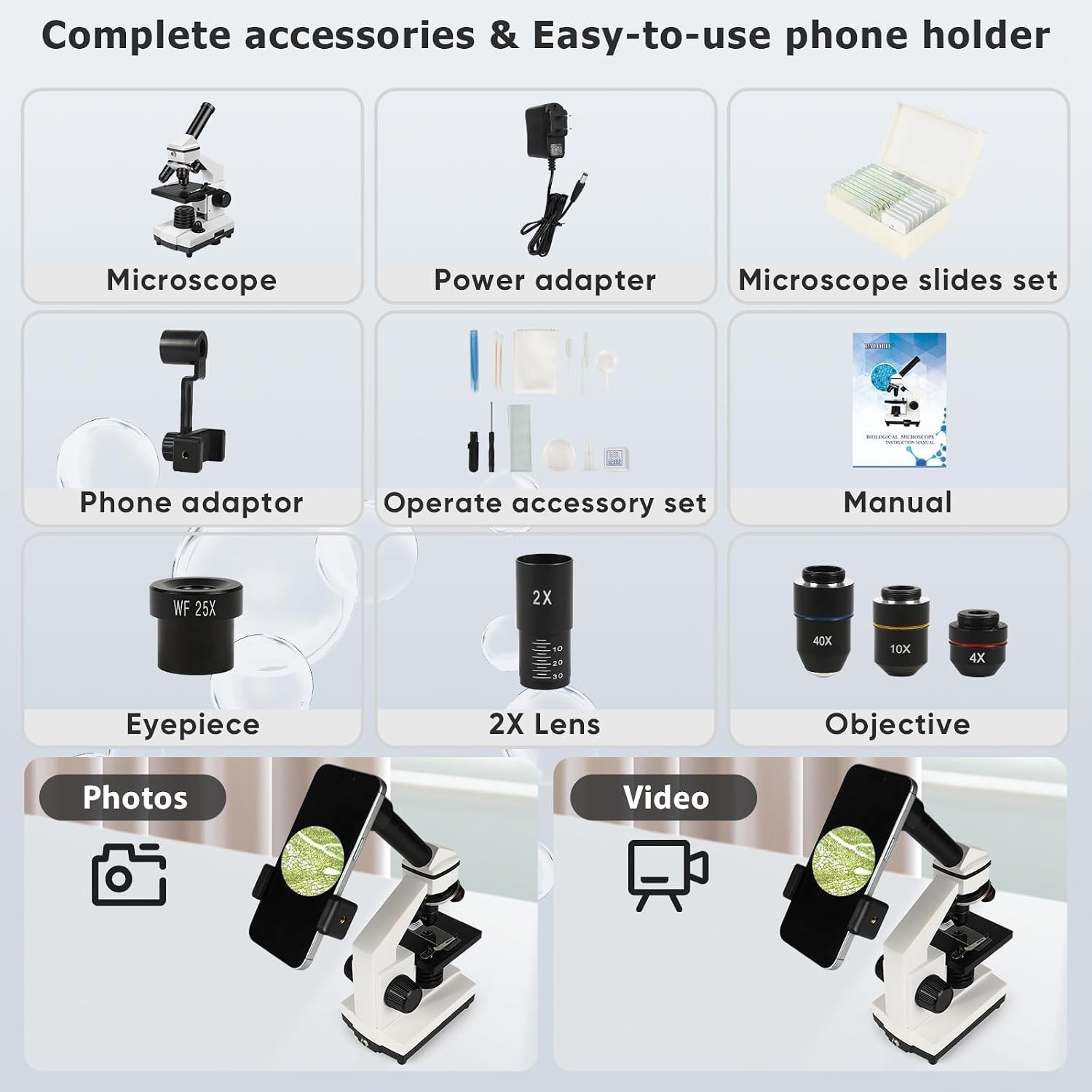 Compound Microscope, 100X-2000X, LED Light, Smartphone Adapter, White
