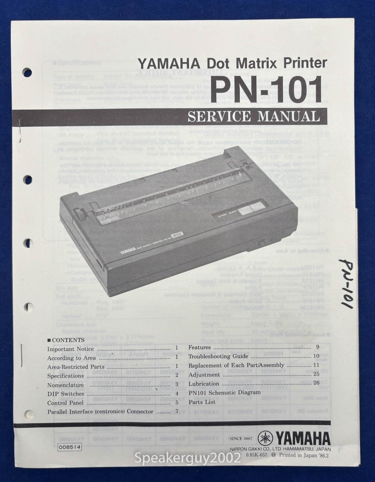 Original Yamaha PN-101 Dot Matrix Printer Service Manual