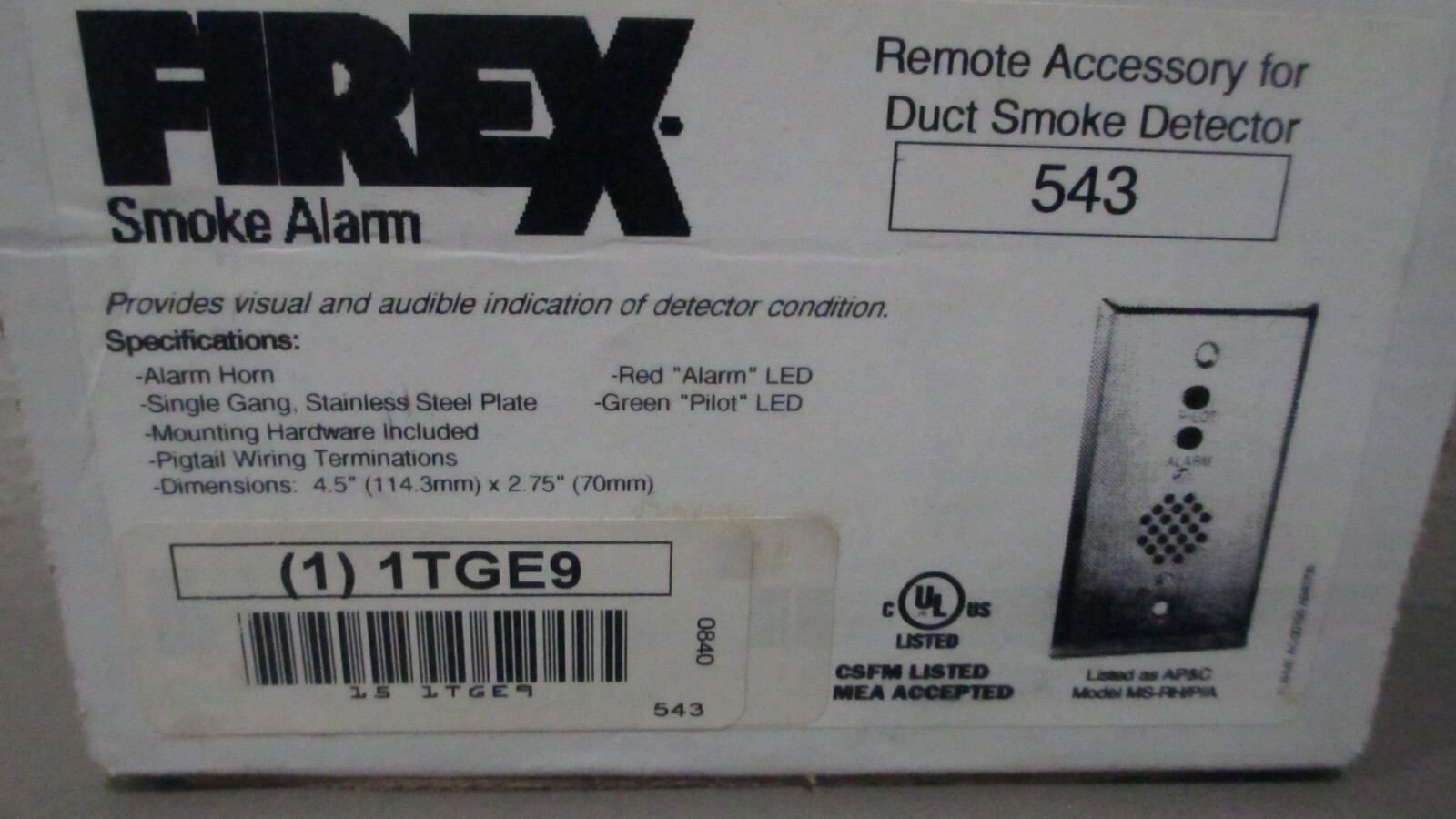 FireX 543 Remote Accessory for Duct Smoke Detector