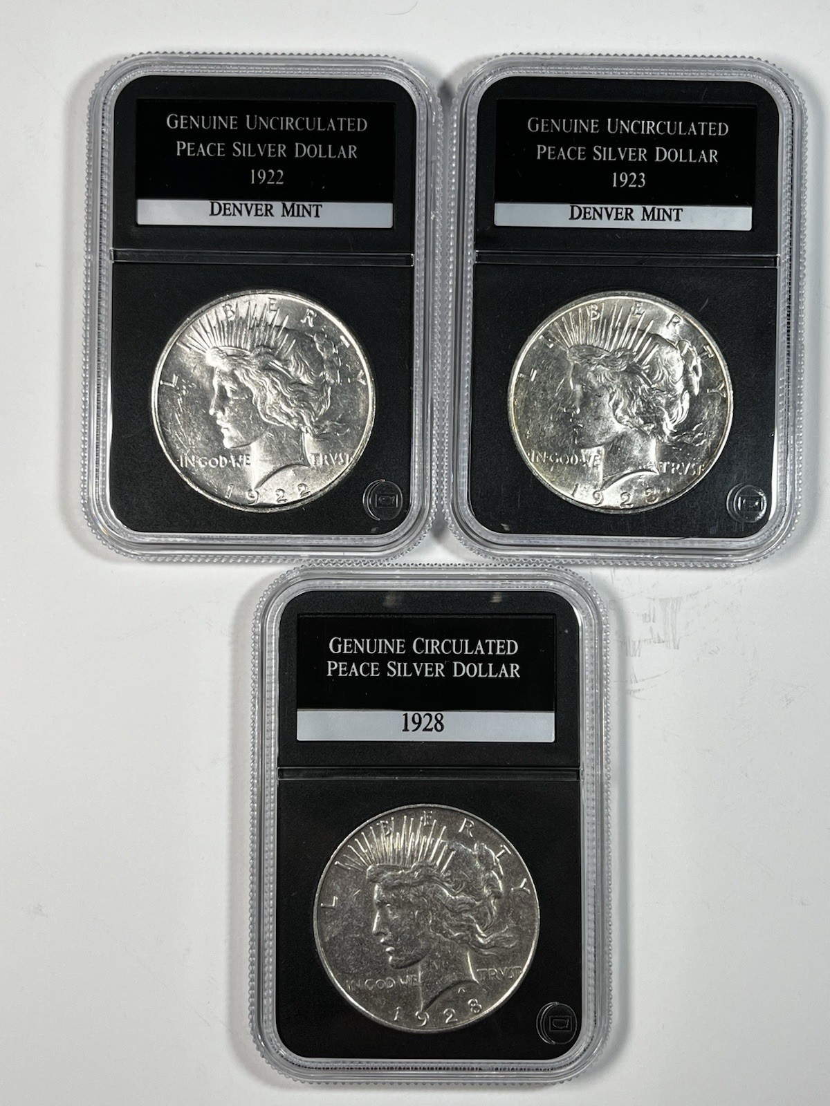 Lot Of 3 Peace Dollars In Black Coin Slab - 1922-D, 1923-D And 1928-S