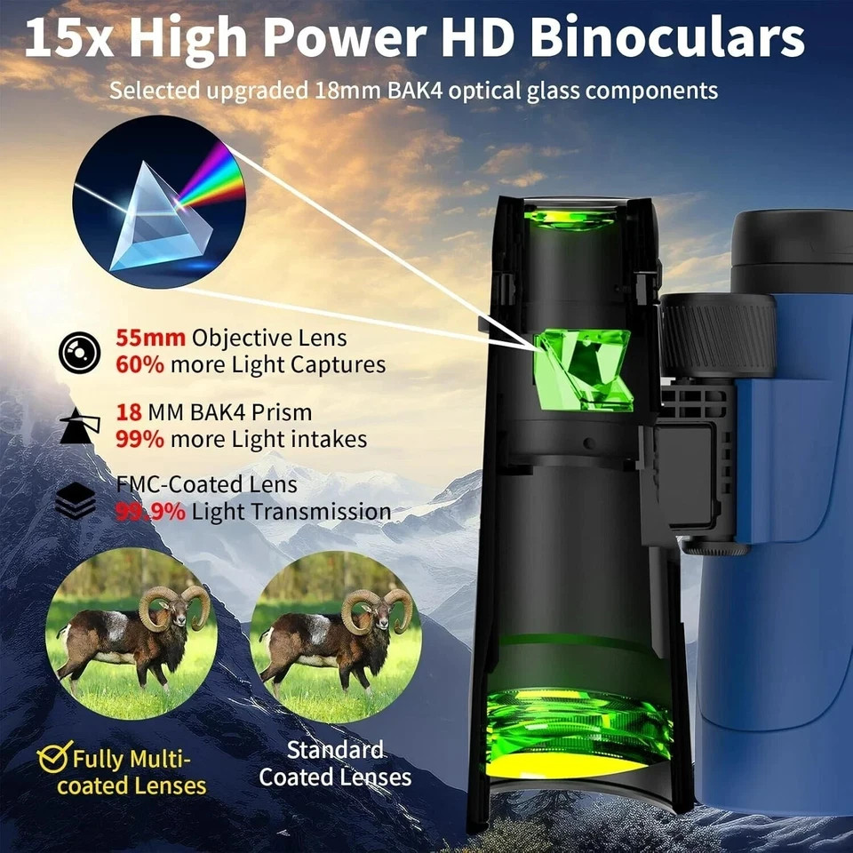 15x55 HD Binoculars High Powered Upgraded Phone Adapter Super Bright BAK4 Prism