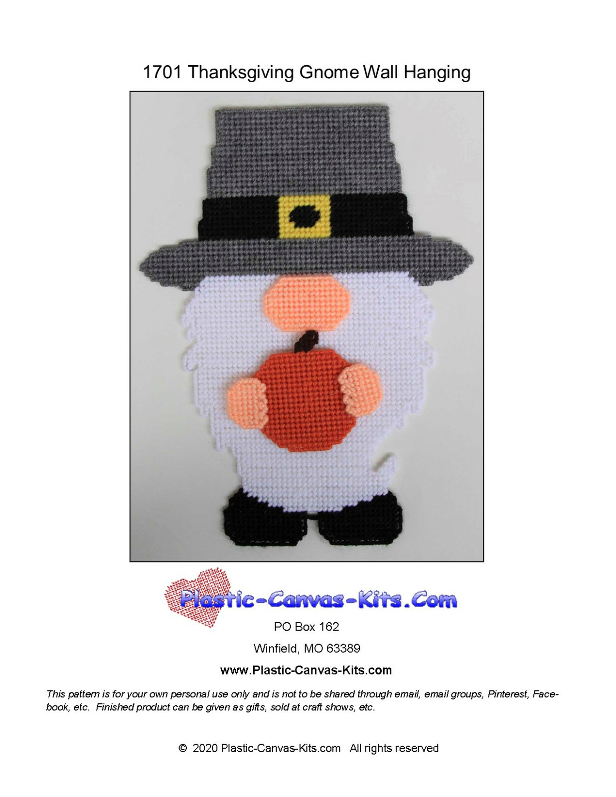 Thanksgiving Gnome Wall Hanging-Plastic Canvas Pattern or Kit