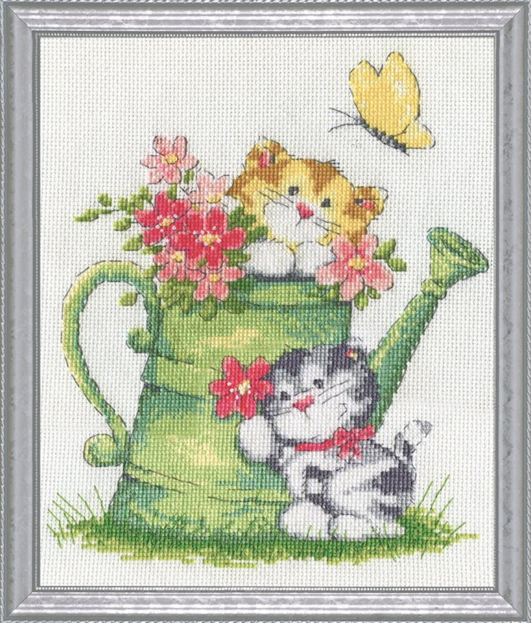 Design Works  Counted  Cross Stitch  - WATERING CAN CATS -   FINISHED 8 X 10