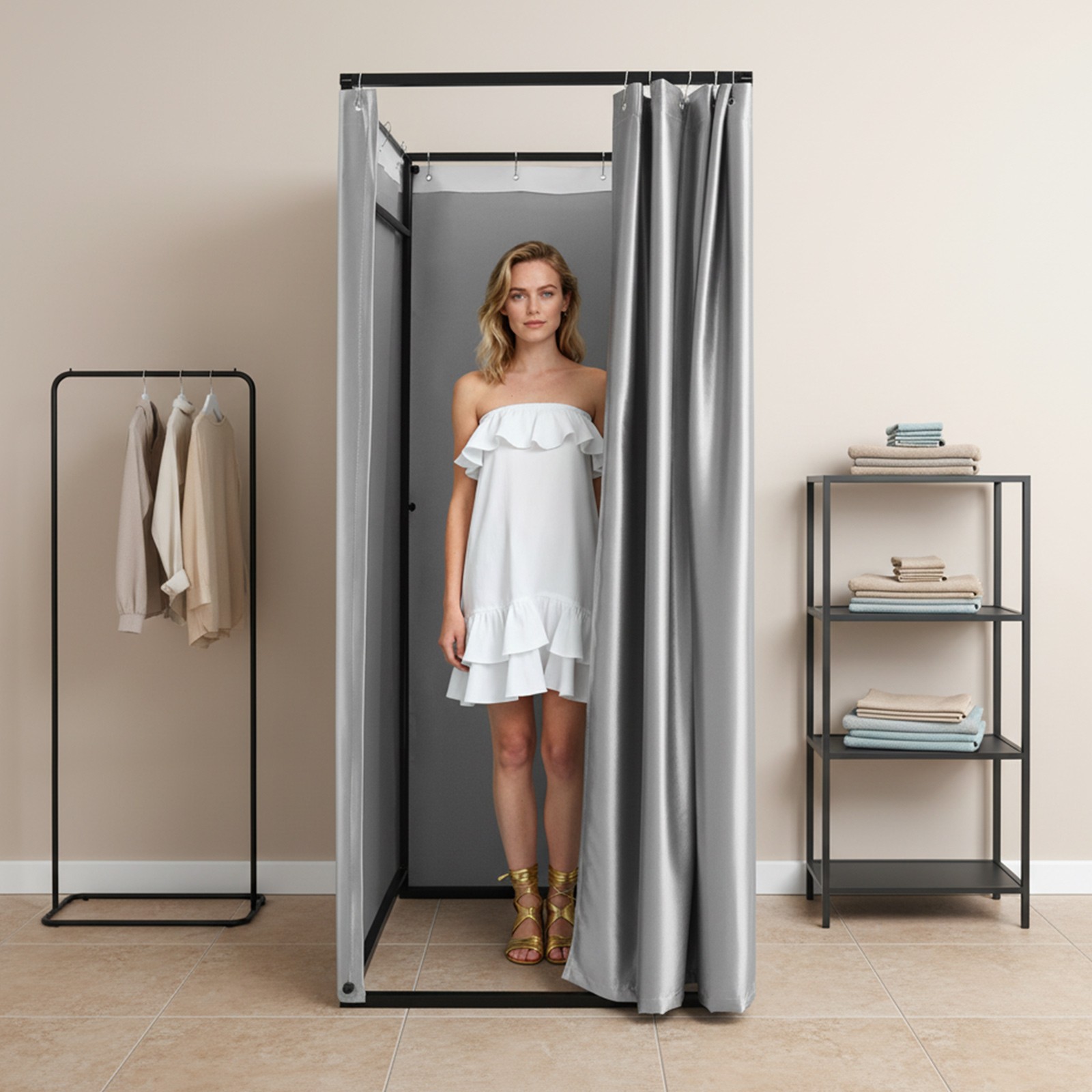 85*200cmClothing Store Fitting Room,Changing Room w/Shading Curtain,Freestanding
