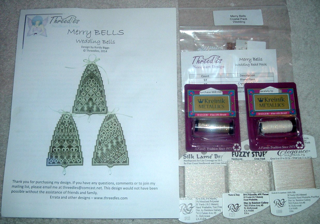 Threedles Needlepoint Wedding Merry Bells Ornaments Stitch Guide, Beads, Threads