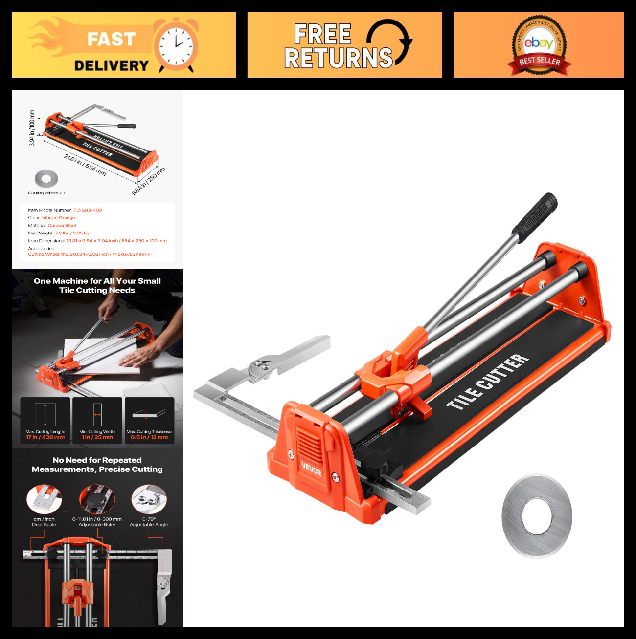 17" Manual Tile Cutter for Wall & Polished Tiles, Double Rails, Non-Slip Handle,