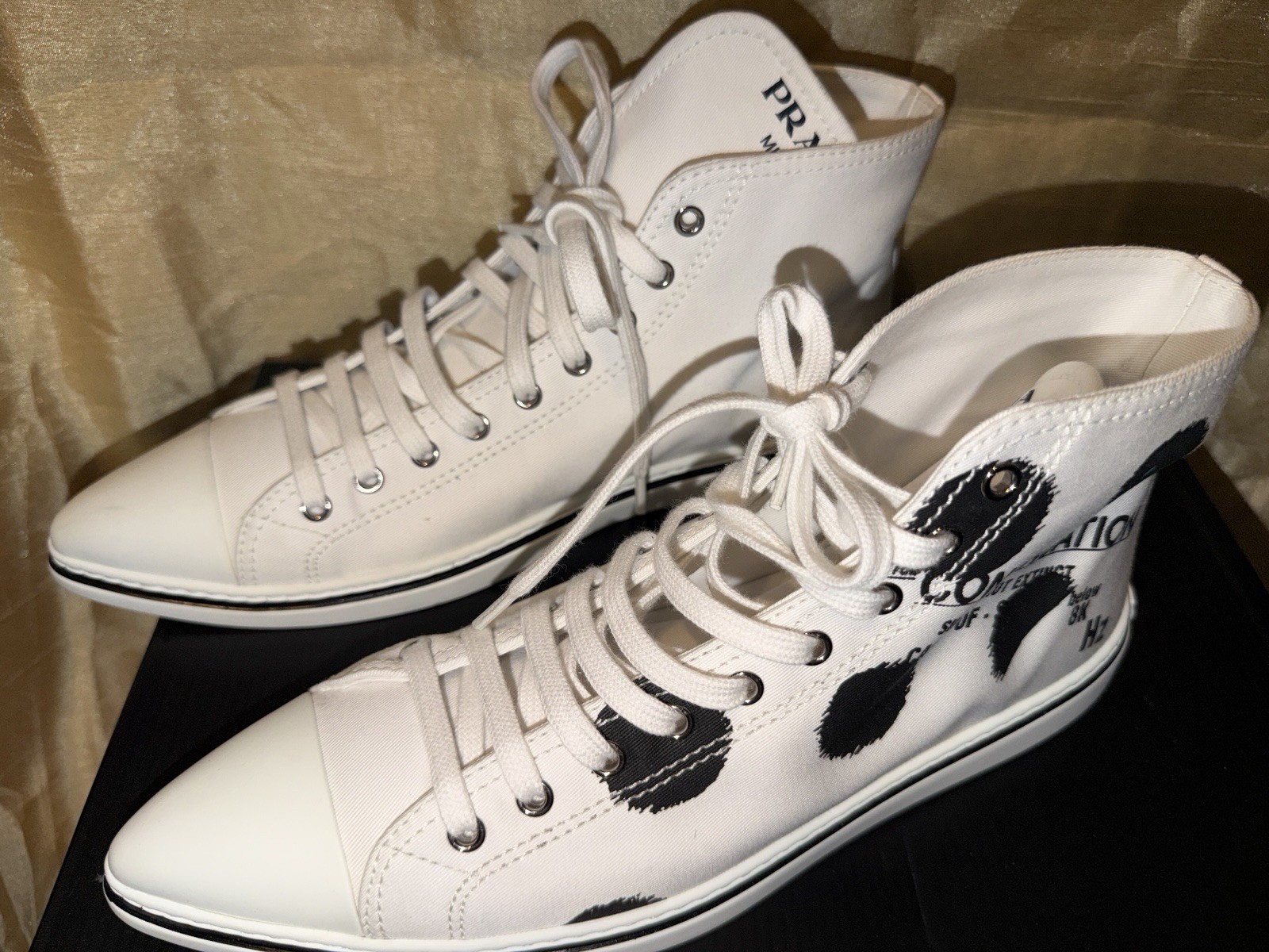 PRADA Pointy Toe Polka Dots Canvas High Top Sneakers Women's Size 39