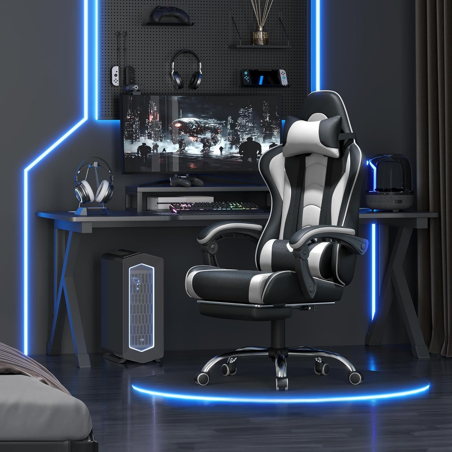 Gaming Chair Video Game Chair W/ Massage Lumbar Support & Footrest Height
