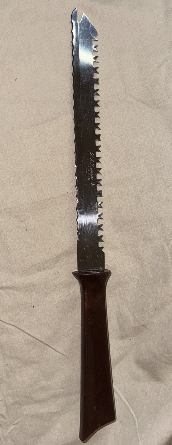 Vintage W.R. Feemster 15.5” Serrated Knife Brown Handle USA Pat 2973578