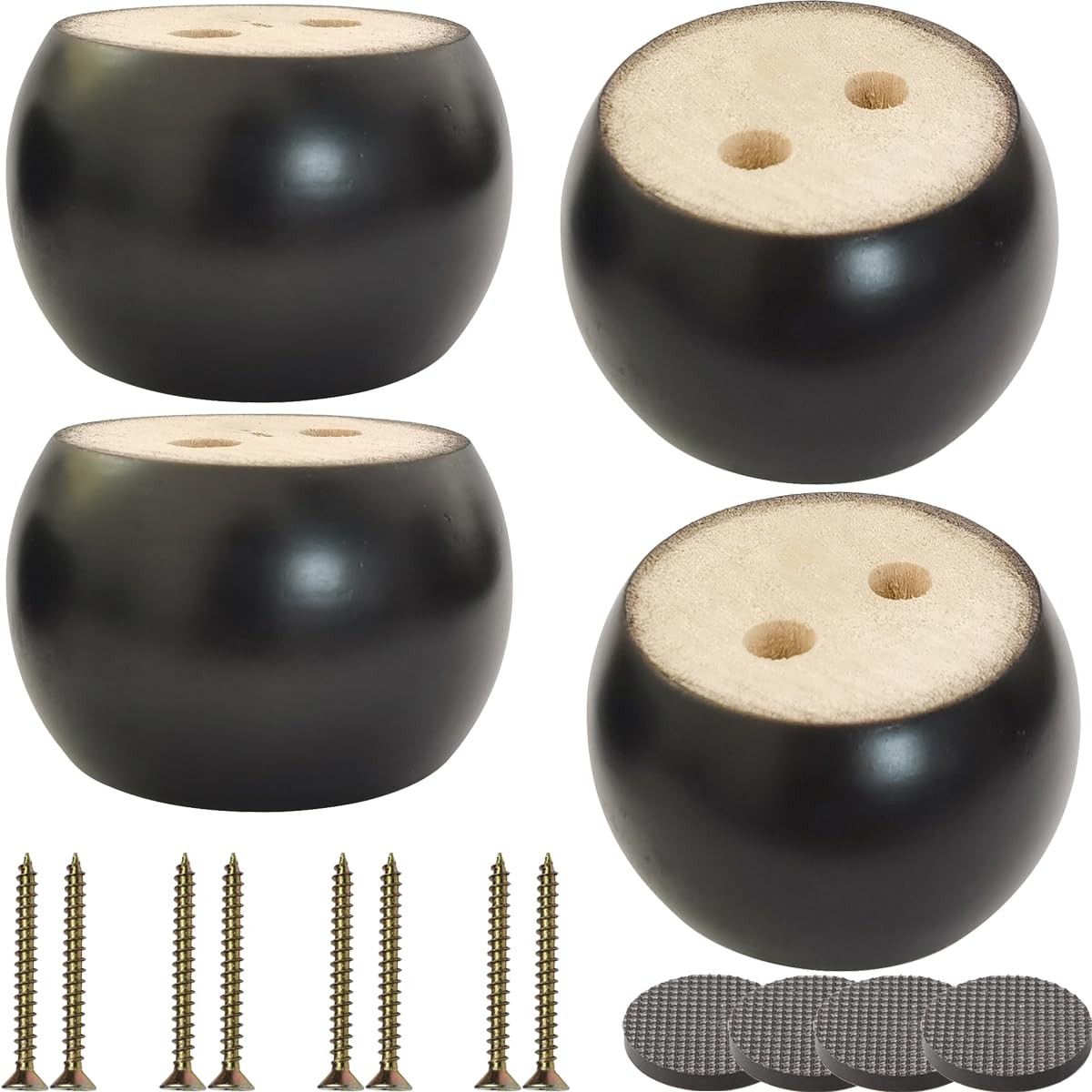 4 PCS 2 Inch Black Wood Round Bun Feet 2.7 Inch Dia Sofa Furniture Legs
