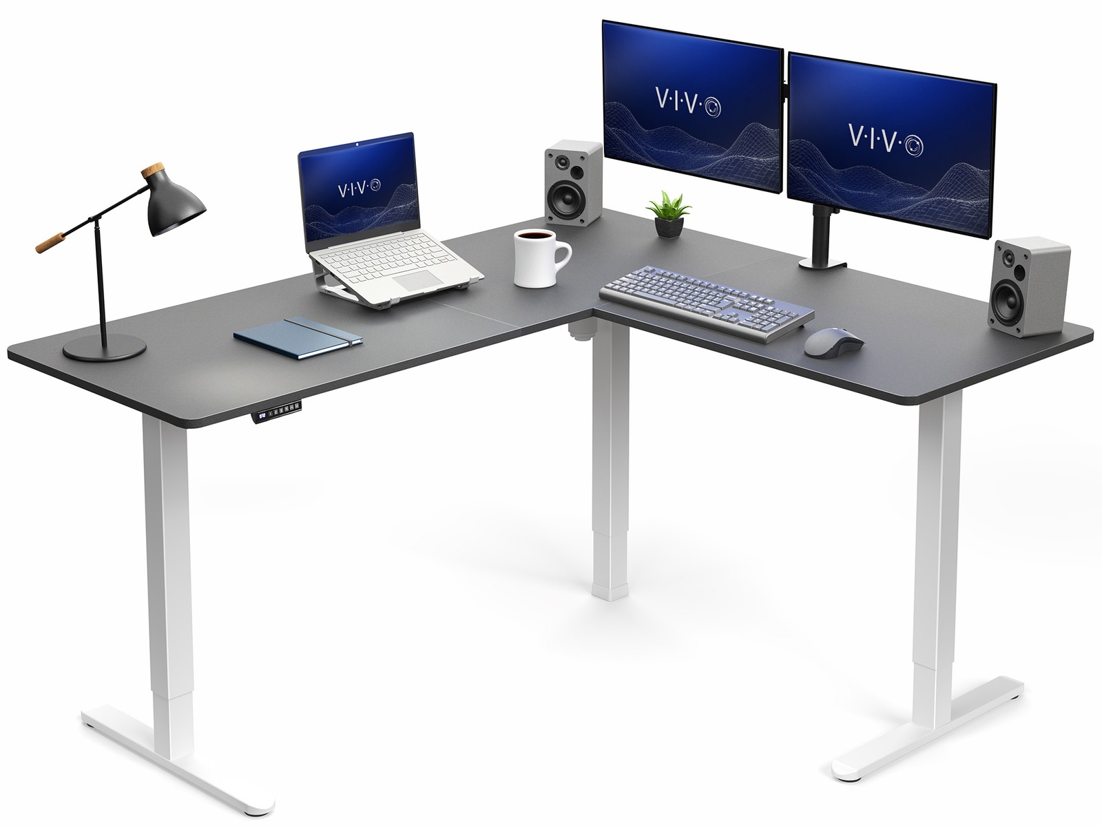 VIVO Electric 63" x 55" Corner Stand Up Desk, Black Table Top, White Frame