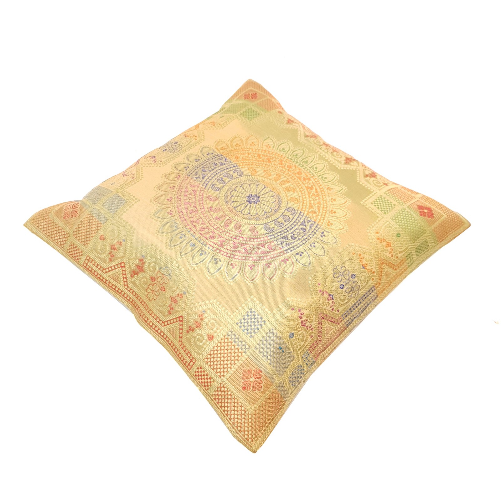 12x12 Inch Beige Cushion Covers Indian Banarasi Mandala Woven Zari Brocade Silk