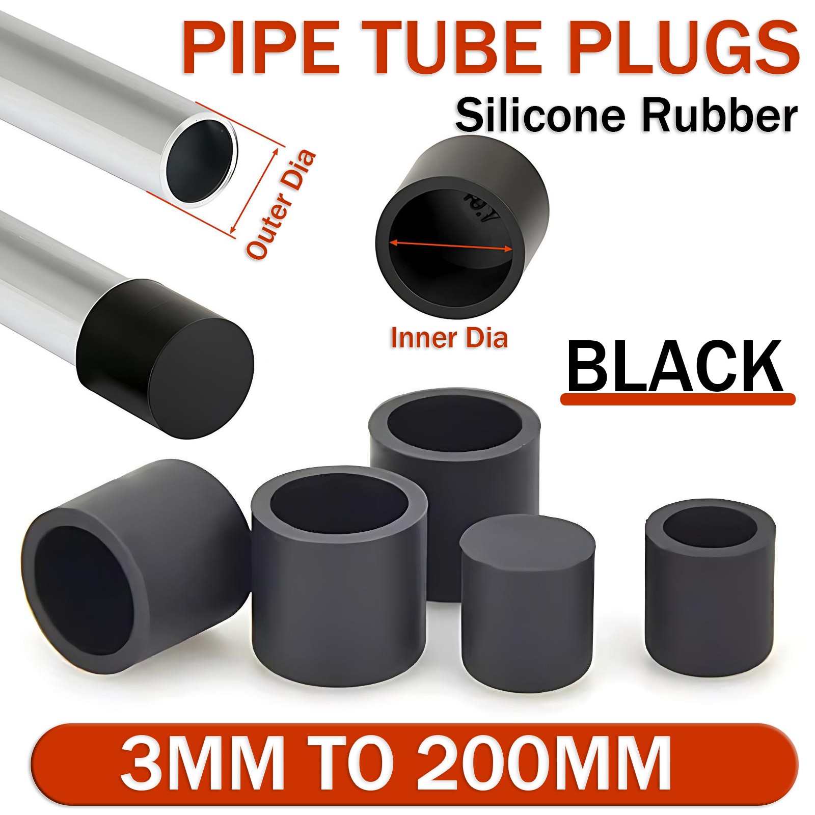 Black Silicone Rubber Hose End Blanking Cover Caps Cap Heat Resist 3mm to 200mm