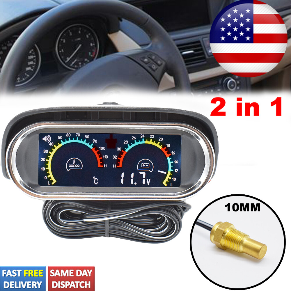 2-In-1 Car Water Temp Temperature Gauge LCD Digital Voltmeter Alarm W-Sensor 1/8
