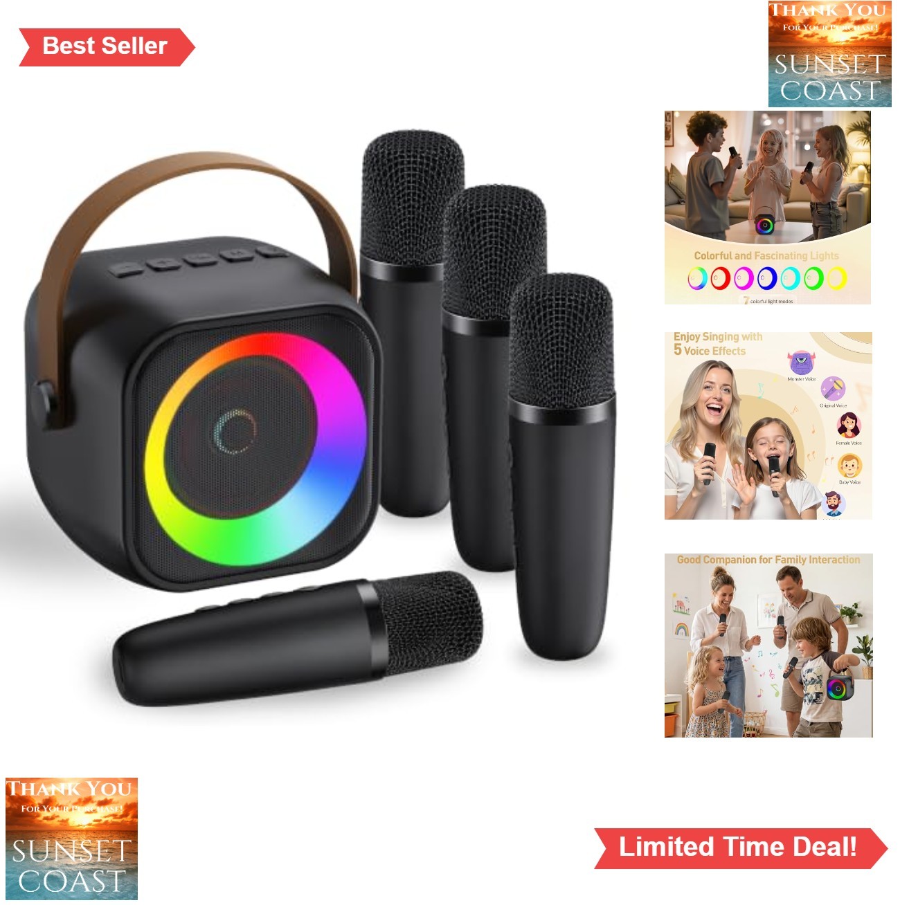 Portable Karaoke Machine Bluetooth Speaker 2 Wireless Microphones Lights Voice