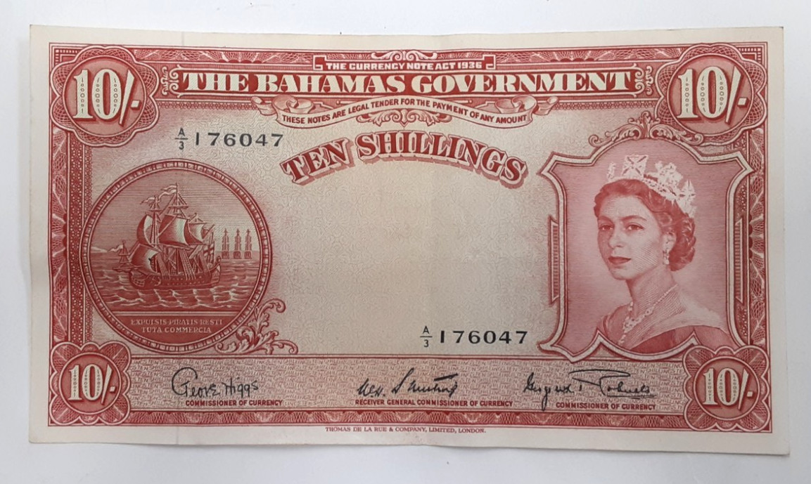 ND 1953 Issue Bahamas 10 Shillings Note of Elizabeth II P#14d Crisp Extra Fine+