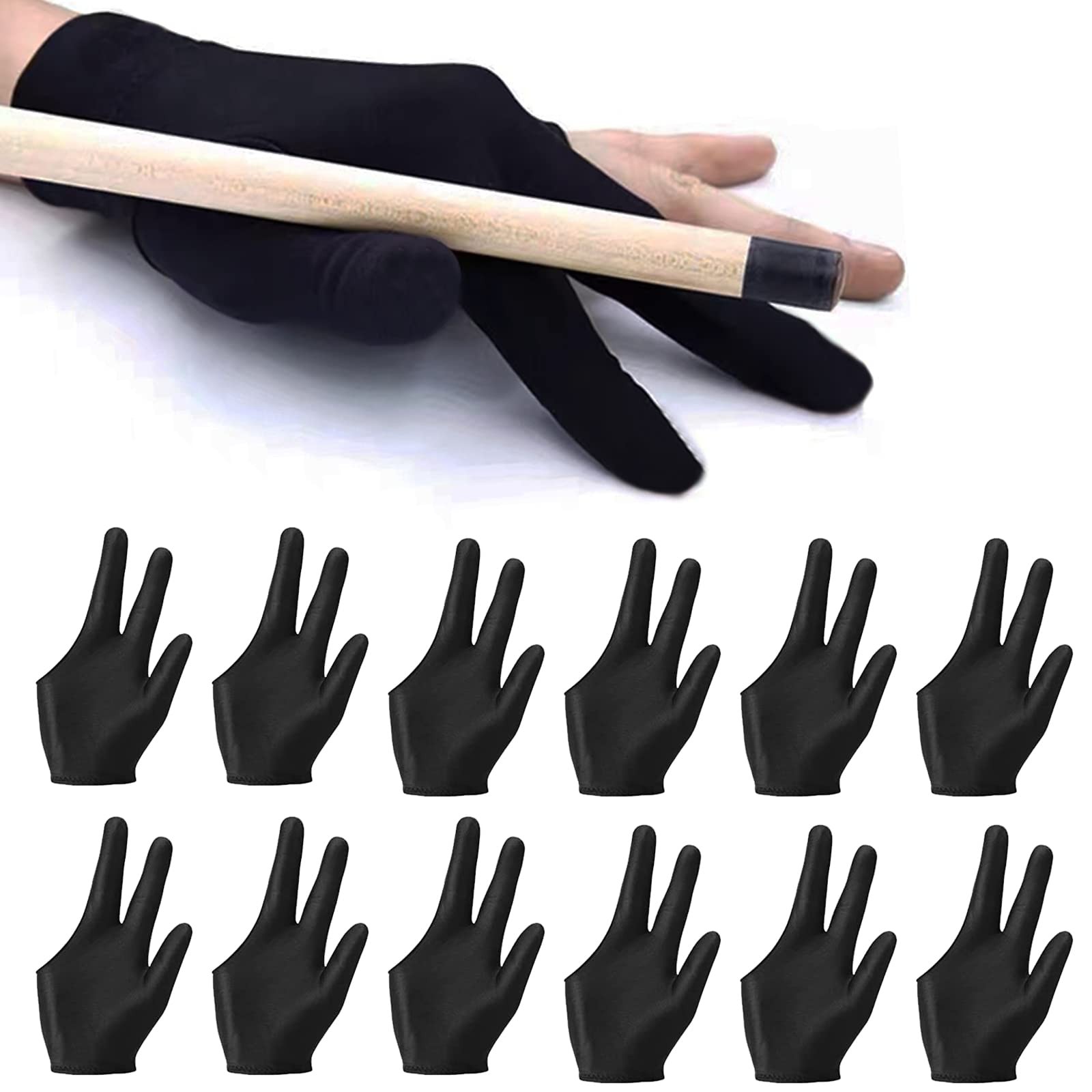 12Pieces Billiard Gloves Breathable 3-Finger Cue Pool Glove Elastic Nylon Uni...