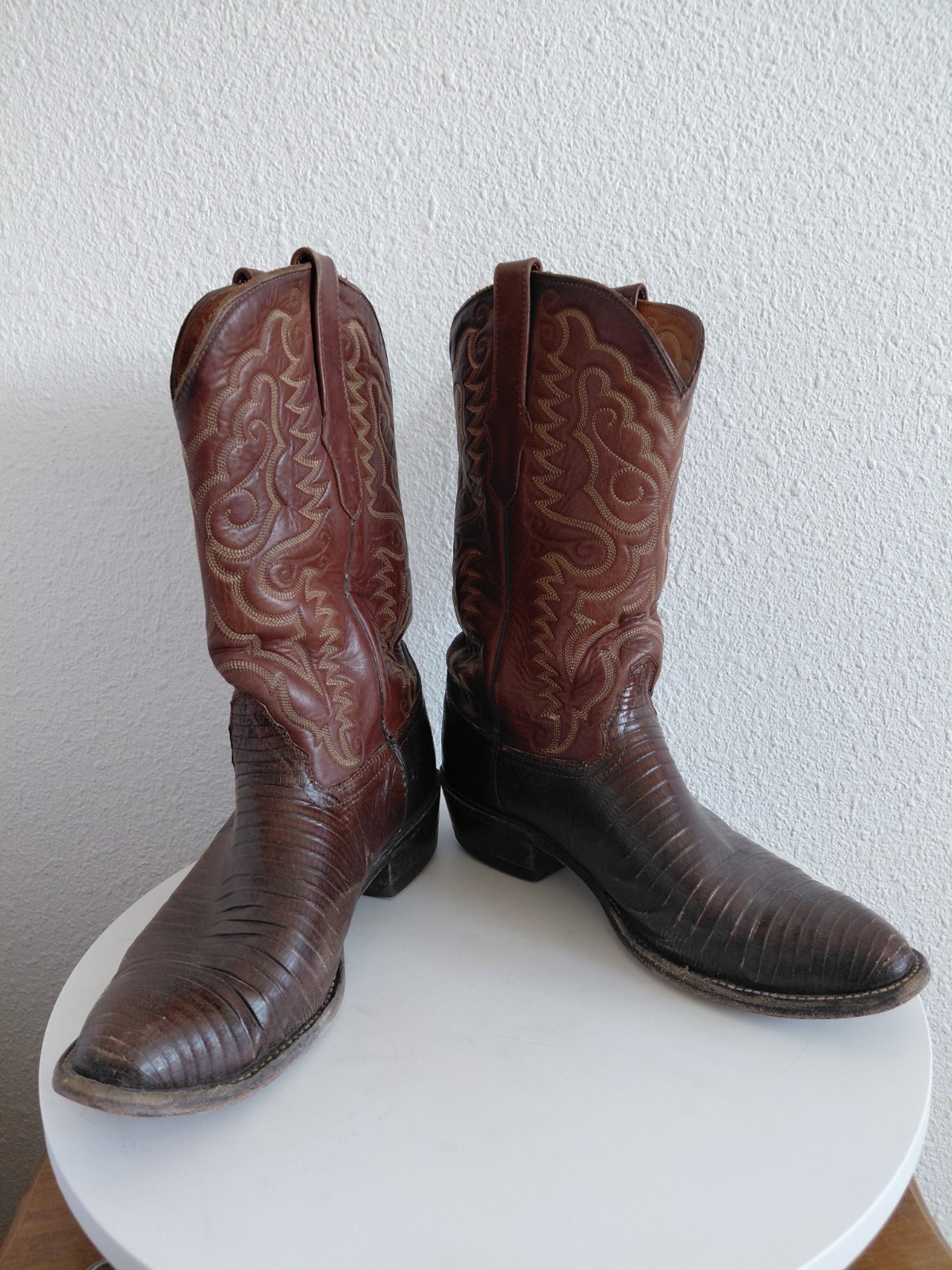 Western Brown Leather Boots Lizard Vamp Handcrafted In Mexico Mens Size 10