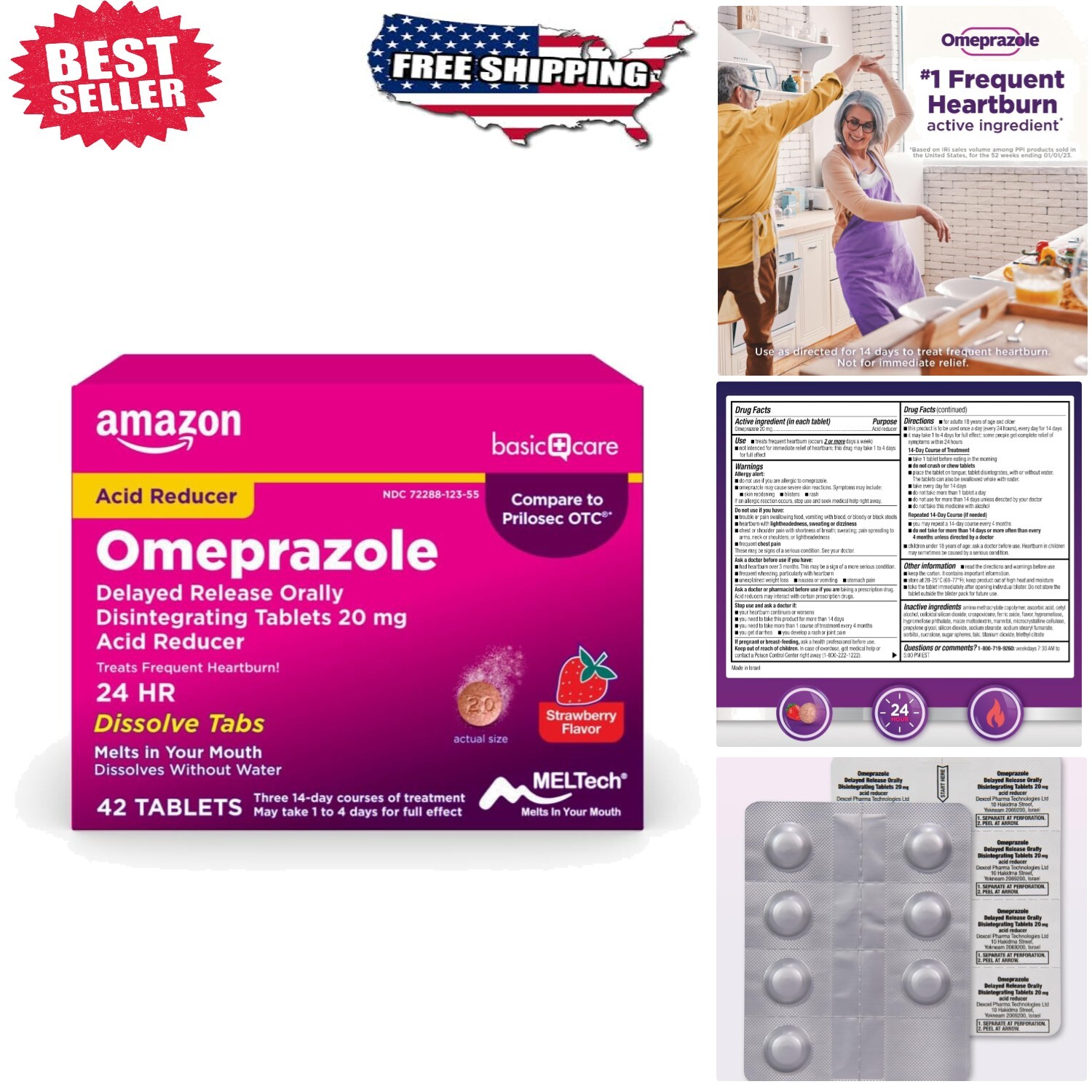 Effective 24-Hour Heartburn Relief: Omeprazole 20mg Strawberry Tablets, 42ct