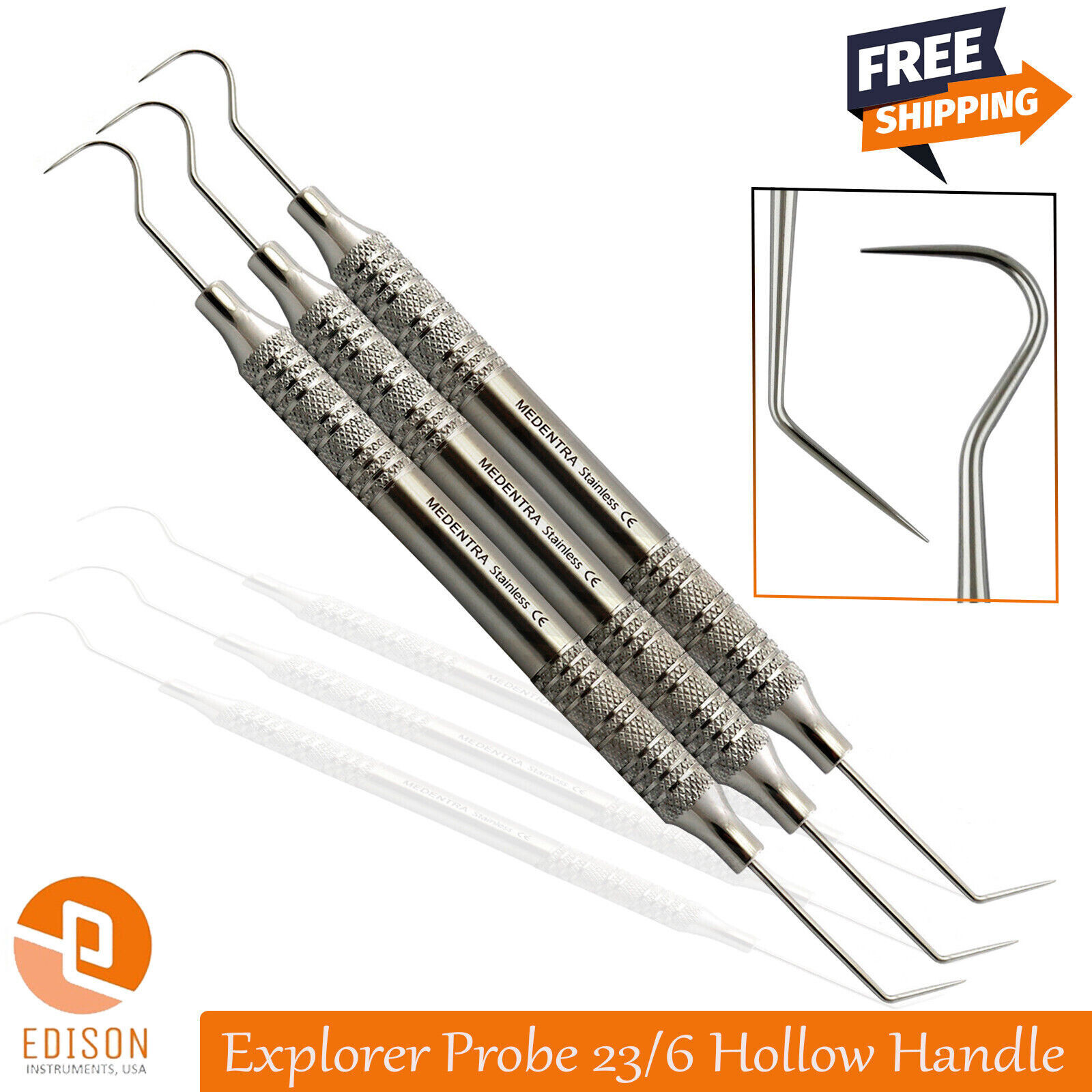3Pcs Dental 23/6 Endodontic Explorer Probe Hollow Handle Tartar Remover Scraper