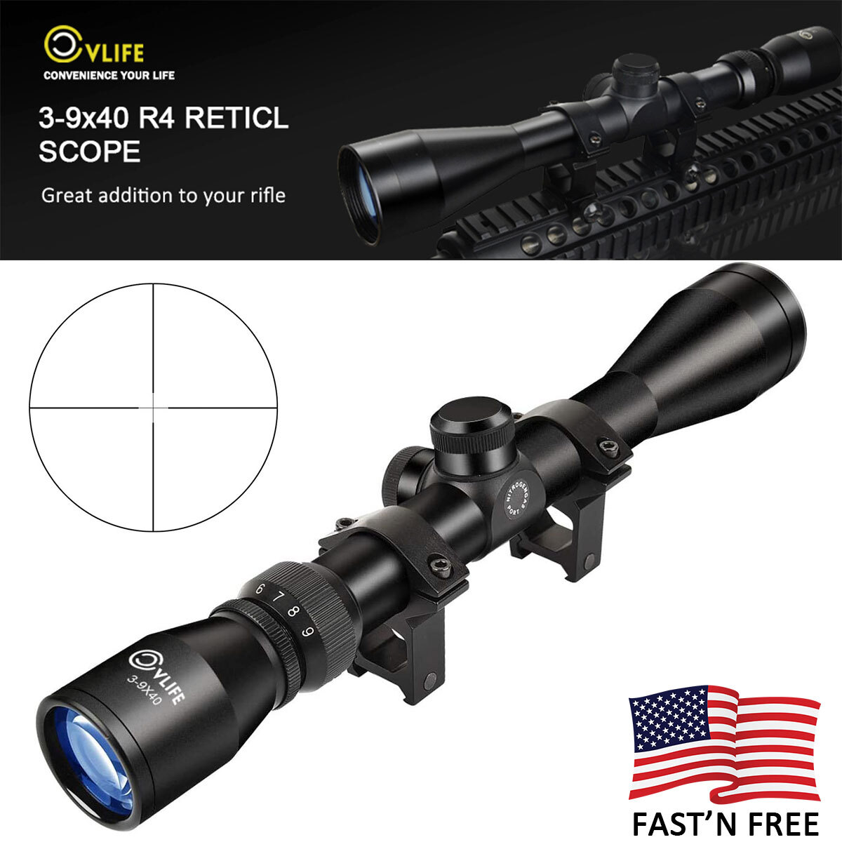 3-9x40 Hunting Rifle Scope R4 Reticle Crosshair Optical Gun Scope + 1" Tube Ring
