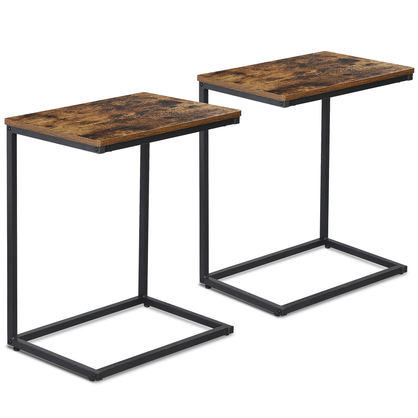 C Shaped End Table 2PCS Rustic Brown Side Table Bedside Table with Metal Frame