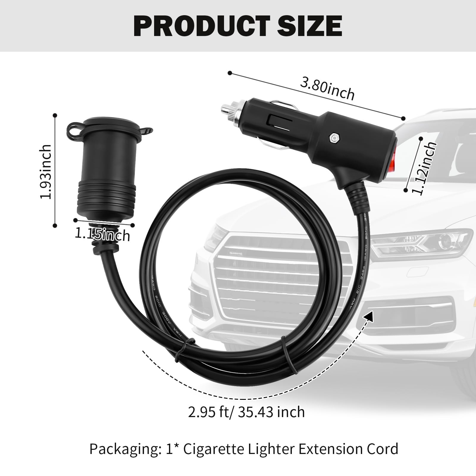 3Ft Cigarette Lighter Extension Cord,16 2.95 feet*1.93 inch*1.15 inch, black