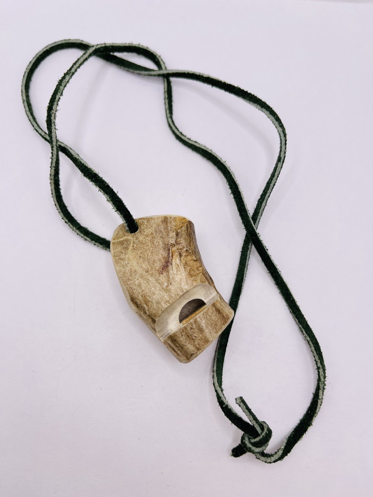 Hand Carved Antler Style Whistle Pendant Leather Cord Necklace Rustic Tribal