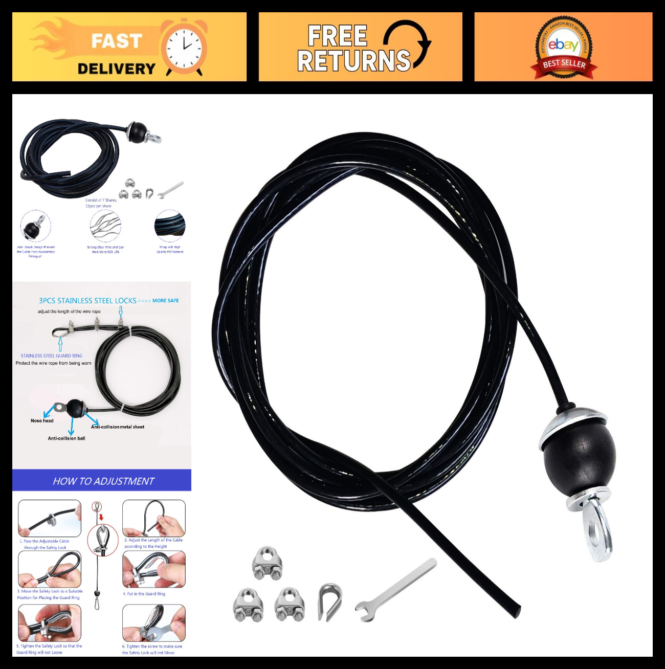 Adjustable LAT Pulldown Cable Replacement 78/118/236 Inch for Home Gym, Steel Wi