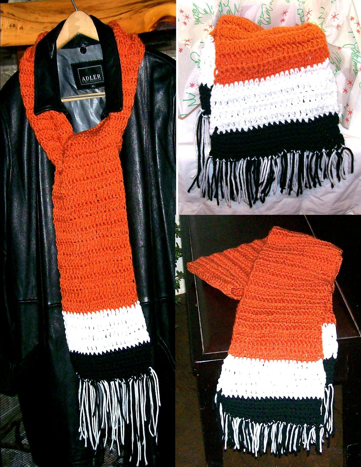Crochet Scarf University Of Texas Colors Orange Black & White Scarf 72"x 6"