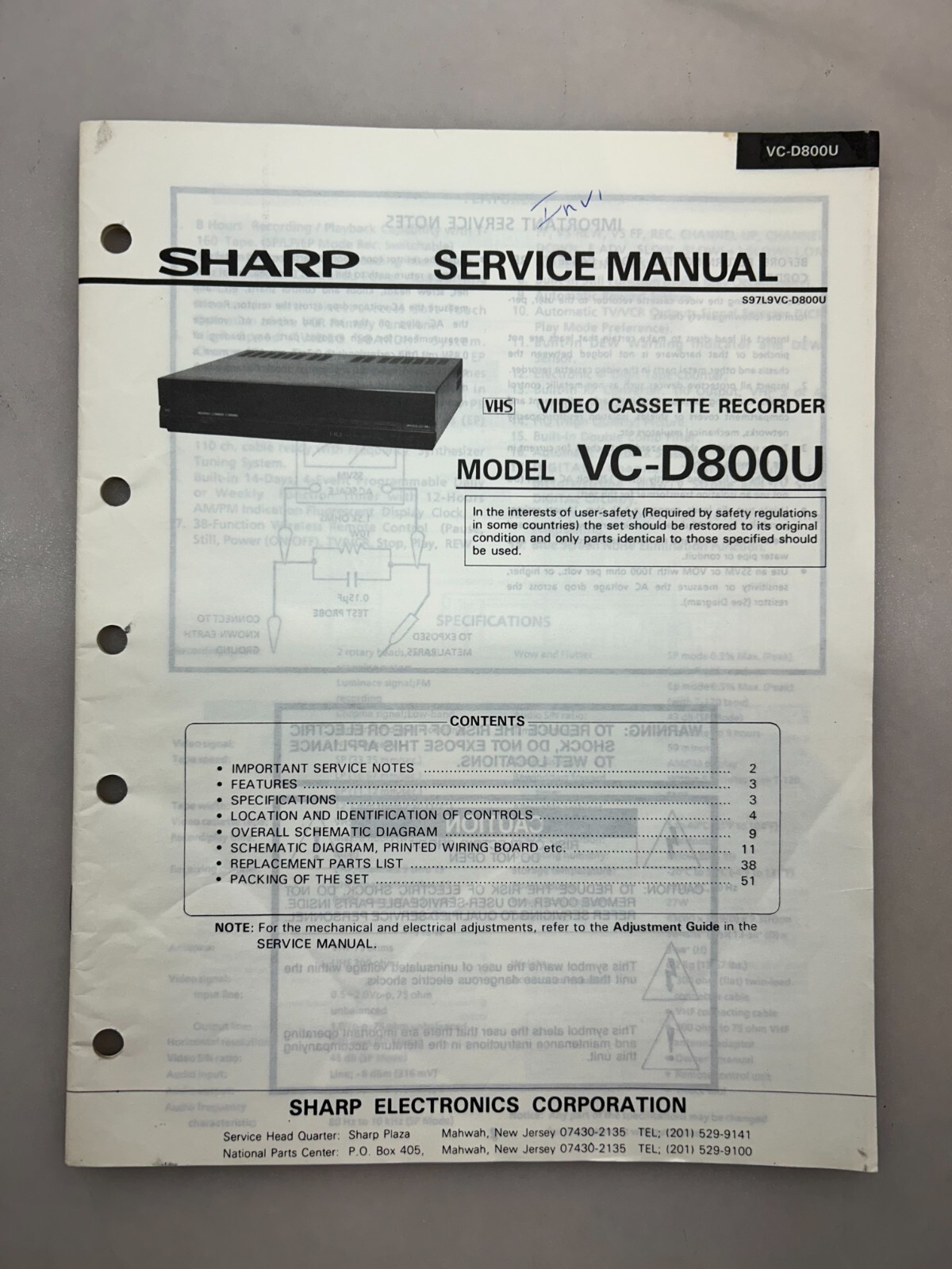 Sharp VC-D800U Original Service Manual Free Shipping