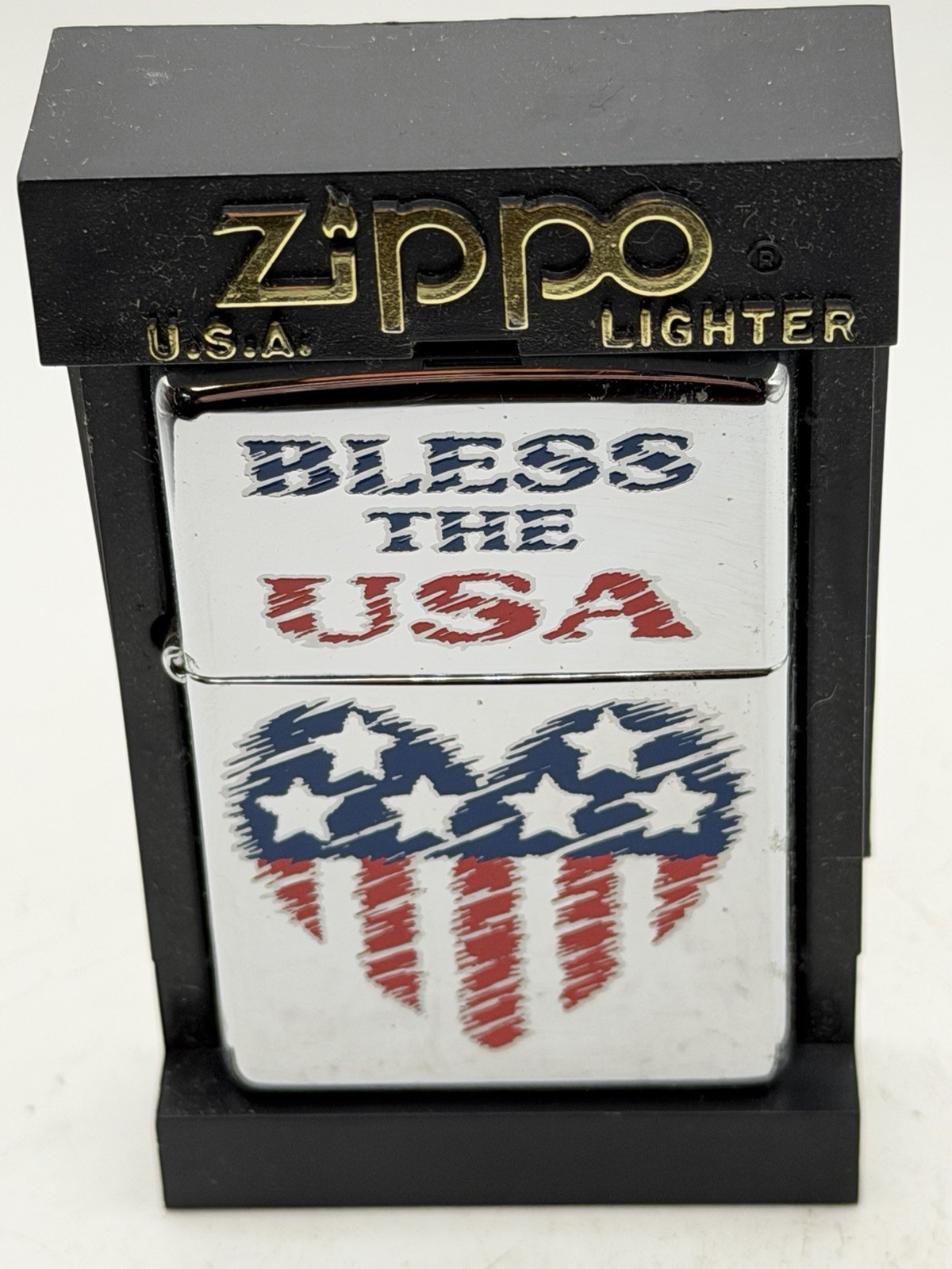 Vintage 2001 Bless The USA Heart Flag High Polish Chrome Zippo Lighter New